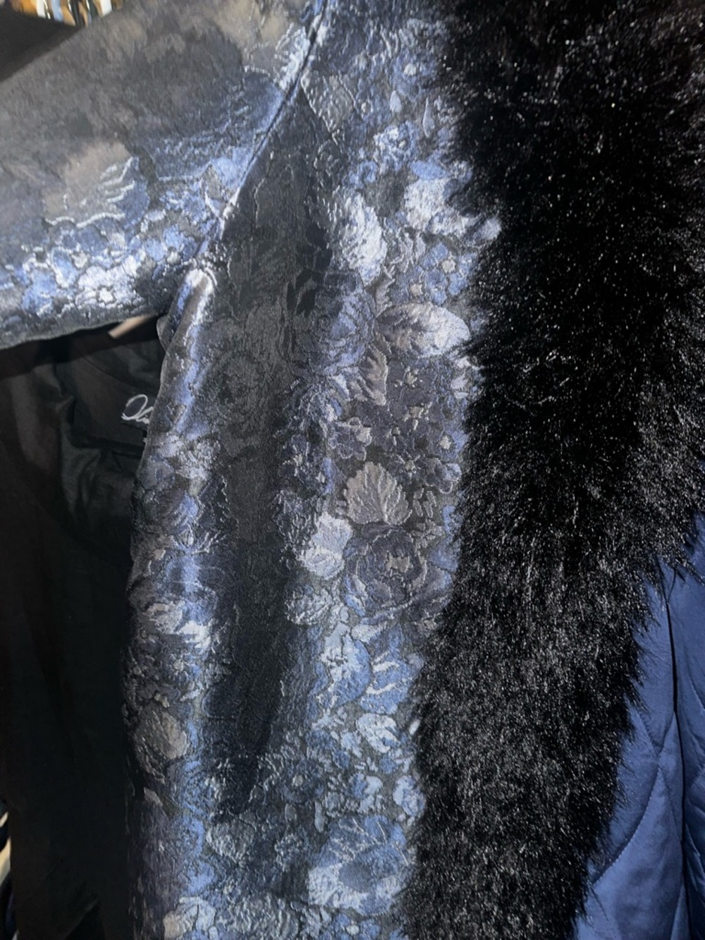 Navy Floral Jacquard Trench Coat with Black Faux Fur Trim - Picture 7 of 9